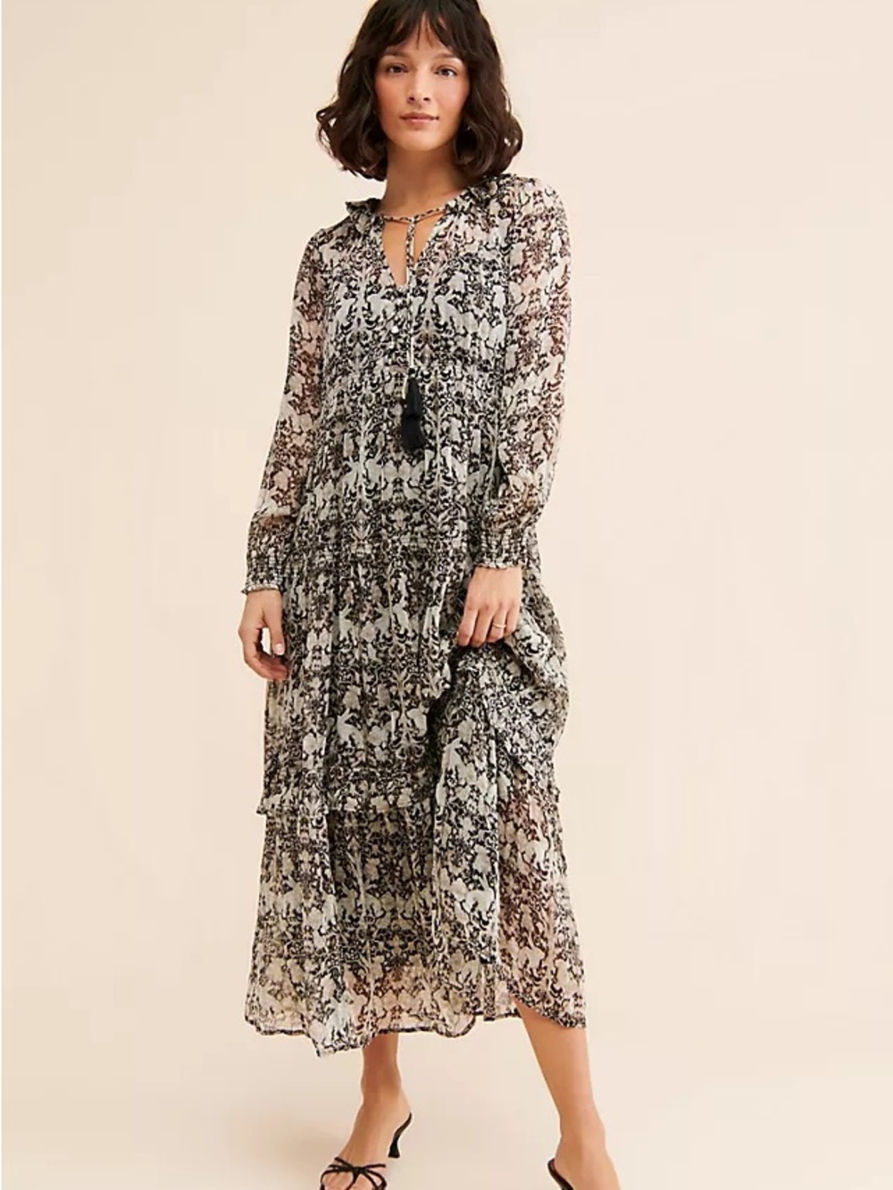 Anthropologie Marais Chiffon Maxi Dress Rabbit Bunny Gray Black Sheer XL Petite